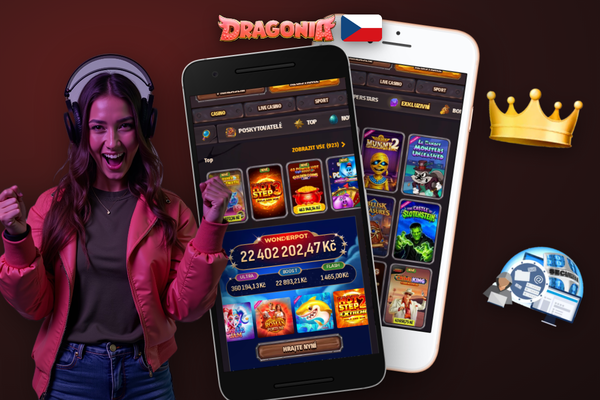 Hráč drží telefon s otevřenou lobby mobilní aplikace Dragonia Casino